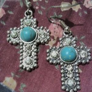 Religious - New Silver & Turquoise Cross Earrings